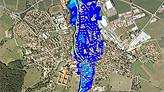Ausschnitt der topographischen Karte, Bereich Traunstein mit Darstellung der Überschwemmungsgebiete; bei Mausklick Aufruf des Kartendienstes Überschwemmungsgefährdete Gebiete in Bayern; bei Mausklick Aufruf des Kartendienstes Überschwemmungsgefährdete Gebiete in Bayern
