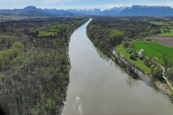 Die Surmündung auf Höhe von Triebenbach. Das Bild zeigt die Situation vor Vollendung der ökologischen Maßnahmen.