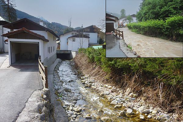 Die Bildmontage zeigt die bisherige Situation am Gerner Bach - auch bei Hochwasser.