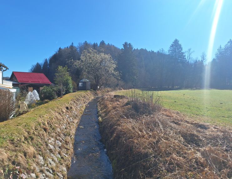 Der Grundbach verläuft im Surberger Ortsteil Au zum Teil sehr nah an den Gebäuden entlang.