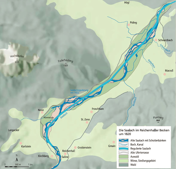 Verlauf der Saalach vor und nach der Regulierung