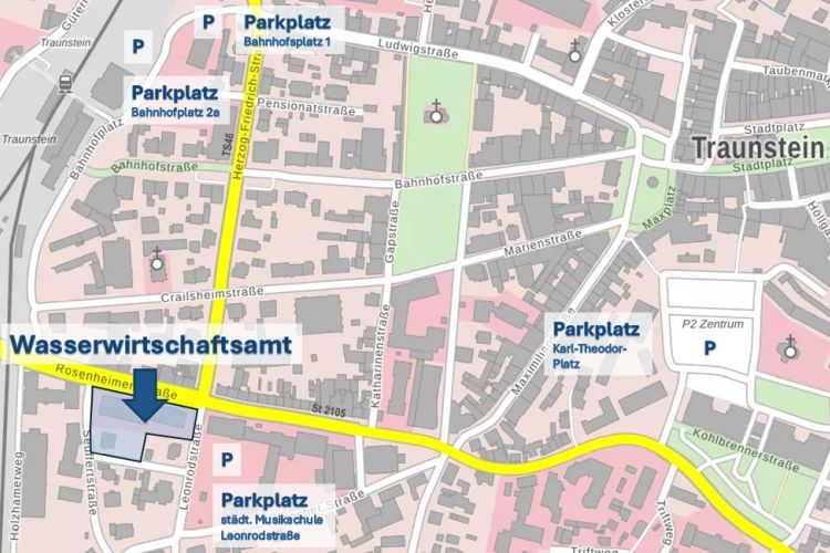 Auszug Stadtplan mit markierten Parkmöglichkeiten.